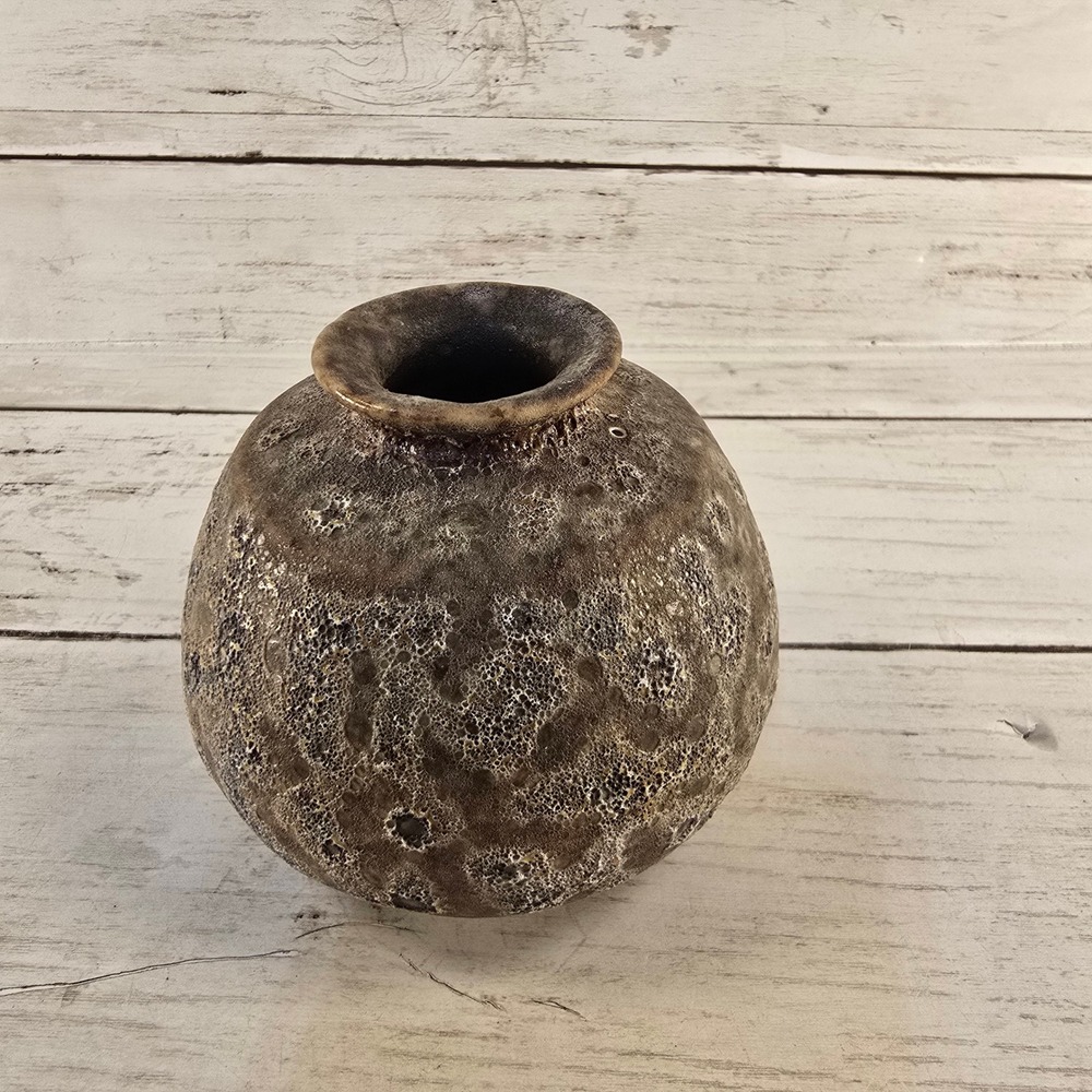 Studio Pottery Bud Vase Volcanic Lava Glaze Brown Earthy Textured Small 3.25in